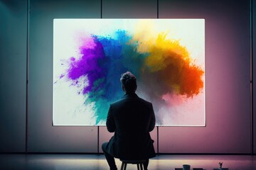 Poster - A Man Sitting In Front Of A Large Painting On A Wall Art Museum Color Field Painting Set Design Generative AI 