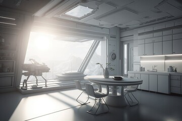 Poster - A Room With A Table And Chairs And A Piano In The Corner Tundra Minimalism Interior Design Generative AI 