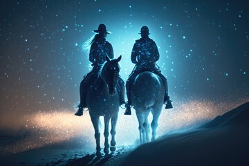 Poster - Two People Riding Horses In The Desert Under A Star Filled Sky Moonlit Desert Night Photography Energy Healing Generative AI 