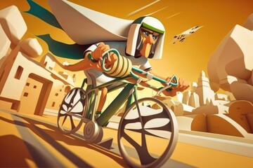 Poster - A Man Riding A Bike Down A Street Next To A Tall Building Desert Animation Motion Graphics