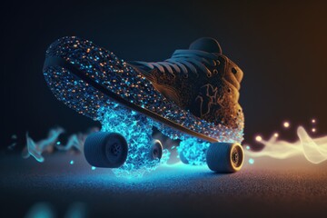 Poster - A Pair Of Sneakers With Glowing Wheels On A Dark Background With Blue Lights Ice Rink Animation Motion Graphics Generative AI 