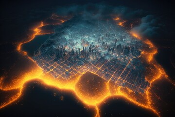 Fototapete - A City Is Shown In The Middle Of A Fire Filled Area Deep Sea Trench Aerial Photography Urban Planning Generative AI 