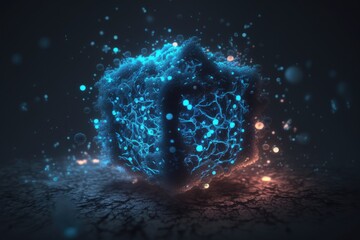 Poster - A Blue Cube With Glowing Lights On It's Surface And A Black Background Deep Sea Trench Animation Motion Graphics Generative AI 