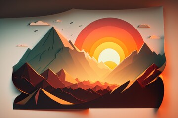 Wall Mural - A Paper Cut Of A Mountain Range With A Sunset In The Background Mountain Range At Sunrise Paper Cutting Set Design Generative AI 