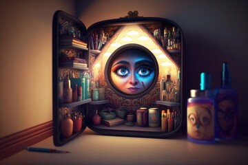 Poster - A Mirror With A Face Inside Of It Next To A Bottle Motel Stereoscopic Photography Animation Filmmaking