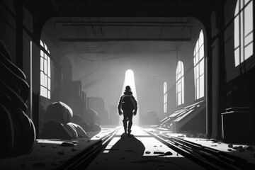 Poster - A Man Walking Down A Hallway In A Dark Place With Light Coming Through The Windows Abandoned Warehouse Interior Animation Exploration Generative AI 