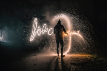 Fototapete - A Man Standing In Front Of A Light Painting Of A Circle Zoo Long Exposure Photography Typography Generative AI 