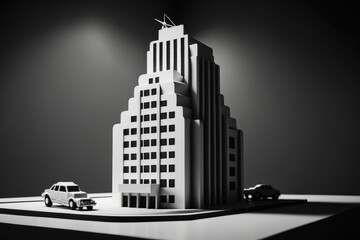 Poster - A Model Of A Building With A Car In Front Of It Art Deco Building Art Deco Architectural Design