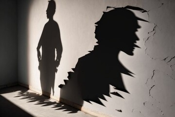 Poster - A Shadow Of A Man Standing Next To A Wall With A Broken Wall Construction Site Found Object Art Forensic Photography Generative AI 