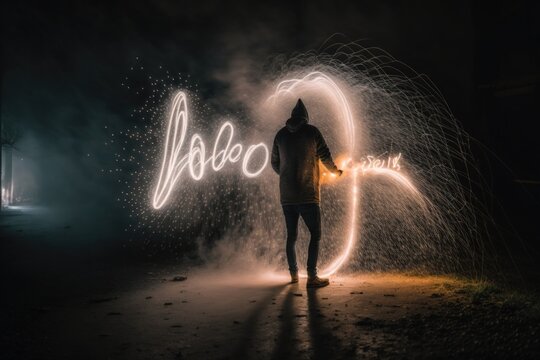 A Man Standing In Front Of A Light Painting Of A Circle Zoo Long Exposure Photography Typography Generative AI 