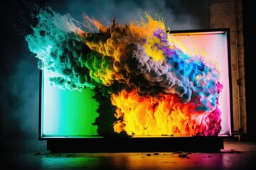 Poster - A Large Television Screen With A Colorful Smoke Cloud On It's Screen Volcano Kinetic Art Scientific Photography Generative AI 