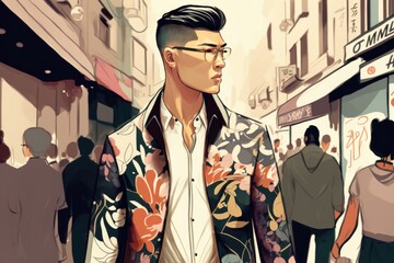 Poster - A Man With A Flowered Jacket On Walking Down A Street Modern City At Dusk Photorealism Style
