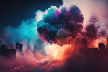 Poster - A City With A Lot Of Smoke And Smokestacks In The Air Volcano Long Exposure Photography Meteorology Generative AI 