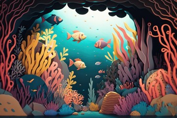 Poster - A Painting Of A Underwater Scene With Fish And Corals In The Water Coral Reef Paper Cutting Motion Graphics Generative AI 