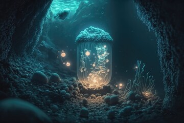 Poster - A Underwater Scene With A Jellyfish And A Light In The Water Deep Sea Trench Underwater Photography Underwater Photography Generative AI 