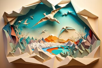 Poster - A Paper Cut Of A Landscape With Birds Flying Over It And A Lake Mountain Range At Sunrise Paper Cutting Set Design Generative AI 