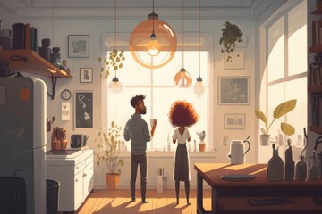 Poster - A Man And Woman Standing In A Kitchen Next To A Window Coffee Shop Animation Smart Homes
