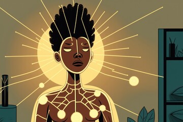 Fototapete - A Woman With A Body Painted With Sun Rays And Plants In The Background Savanna Environmental Art Energy Healing Generative AI 