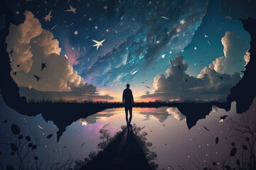 Fototapete - A Man Standing On A Lake Under A Night Sky With Stars Lunar Landscape Surrealism Freedom Generative AI 