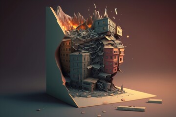Poster - A Piece Of Paper That Has A Fire In It And A Building On Fire Volcano Environmental Art 3d Modeling Generative AI 