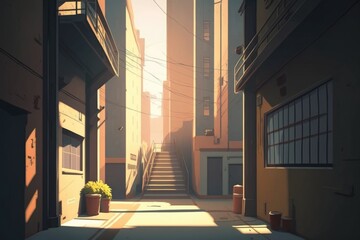 Poster - A Narrow Alley With A Planter And A Staircase Leading To A Building City Alleyway Animation Animation Generative AI 