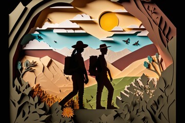 Wall Mural - A Paper Cut Of Two People Standing In A Mountain Landscape With A Bird Flying Overhead National Park Paper Cutting National Parks Generative AI 