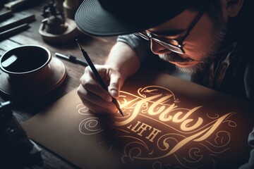 Poster - A Man Writing On A Piece Of Paper With A Pen And A Cup Of Coffee Workshop Typography Typography