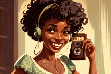 Poster - A Woman With Headphones Holding A Radio And A Camera In Her Hand Radio Station Photorealism Influencer Marketing Generative AI 