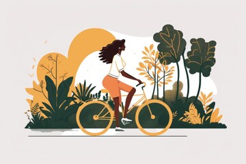 Poster - a woman riding a bike through a forest with trees and bushes bike path animation motion graphics