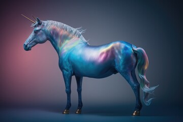 Poster - A Unicorn Statue With A Rainbow Colored Mane And Tail Standing In Front Of A Dark Background Zoo Advertising Photography Wildlife Generative AI 