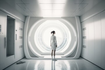 Poster - a woman standing in a white room with a circular window in the center factory animation set design