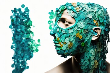 Poster - A Man With A Strange Face Made Of Buttons And Buttons On His Face Workshop Found Object Art Fashion Design Generative AI 