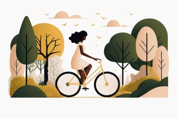 Poster - a woman riding a bike through a forest filled with trees and birds bike path animation motion graphi