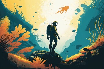 Wall Mural - A Man In A Diving Suit Standing On A Rock In A Sea Deep Sea Trench Digital Art Digital Illustration Generative AI 