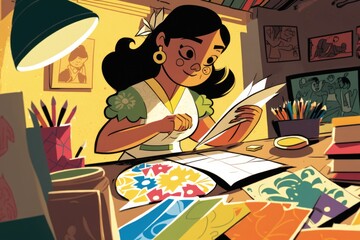 Poster - A Girl Is Sitting At A Table With A Book And A Plate Of Food Library Paper Cutting Latin American Culture Generative AI 