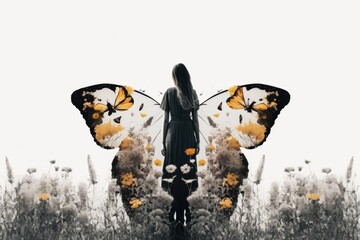 Poster - A Woman Standing In A Field With A Butterfly On Her Back Savanna Color Photography Textile Design