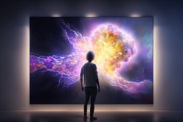 Wall Mural - A Person Standing In Front Of A Painting In A Room With A Dark Background Art Museum Video Art Computer Graphics Generative AI 