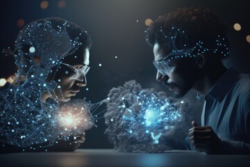 Poster - Two People Looking At A Computer Screen With A Network Of Lights Workshop Advertising Photography Supply Chain Optimization Generative AI 