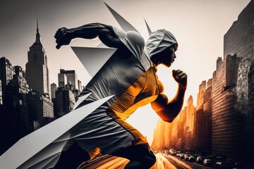 Aufkleber - A Man Running In The City With A City Skyline In The Background Martial Arts Studio Advertising Photography Action Photography Generative AI 