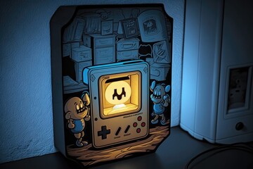 Poster - A Nintendo Game Boy Lamp Is Lit Up On A Table Next To A Computer Arcade Photorealism Metal Art