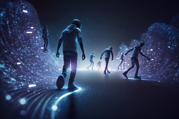 Aufkleber - A Man Is Walking In A Futuristic Space With Many People Around Him Nightclub Advertising Photography Motion Graphics Generative AI 