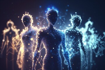 Poster - a group of abstract figures with glowing lights in the background of a dark background nightclub ani