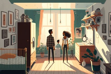 Poster - A Man And Woman Standing In A Room With A Baby In A Crib Law Office Animation Life Insurance