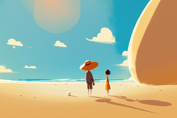 Wall Mural - A Man And A Woman Standing On A Beach Under A Blue Sky Beach Animation Animation Filmmaking Generative AI 