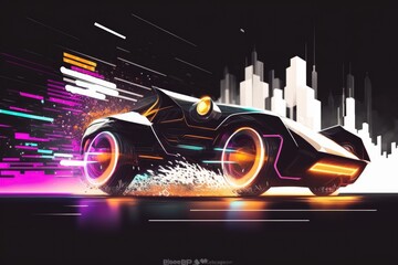 Poster - A Futuristic Car With Neon Lights Driving Through A City At Night Arcade Animation Automotive Design