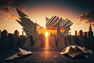 Poster - A City With A Lot Of Buildings And A Lot Of Paper Boats Modern City Skyline In The Morning With Sunrise Graphic Design Motion Graphics Generative AI 