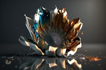 Poster - A Flower With A Blue Center Surrounded By Water Droplets And Gold Flakes Power Plant Kinetic Art Motion Graphics Generative AI 