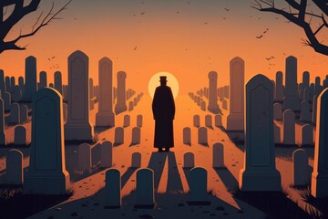 Poster - a man standing in a cemetery at sunset with a long coat on cemetery digital art estate planning