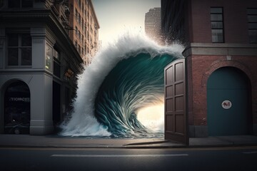 Poster - A Large Wave Is Coming Out Of A Doorway In A City Deep Sea Trench Photorealism Advertising Design Generative AI 