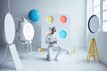 Poster - A Man In A White Suit Is Sitting In A Room With Balloons Lunar Landscape Advertising Photography Color Photography Generative AI 